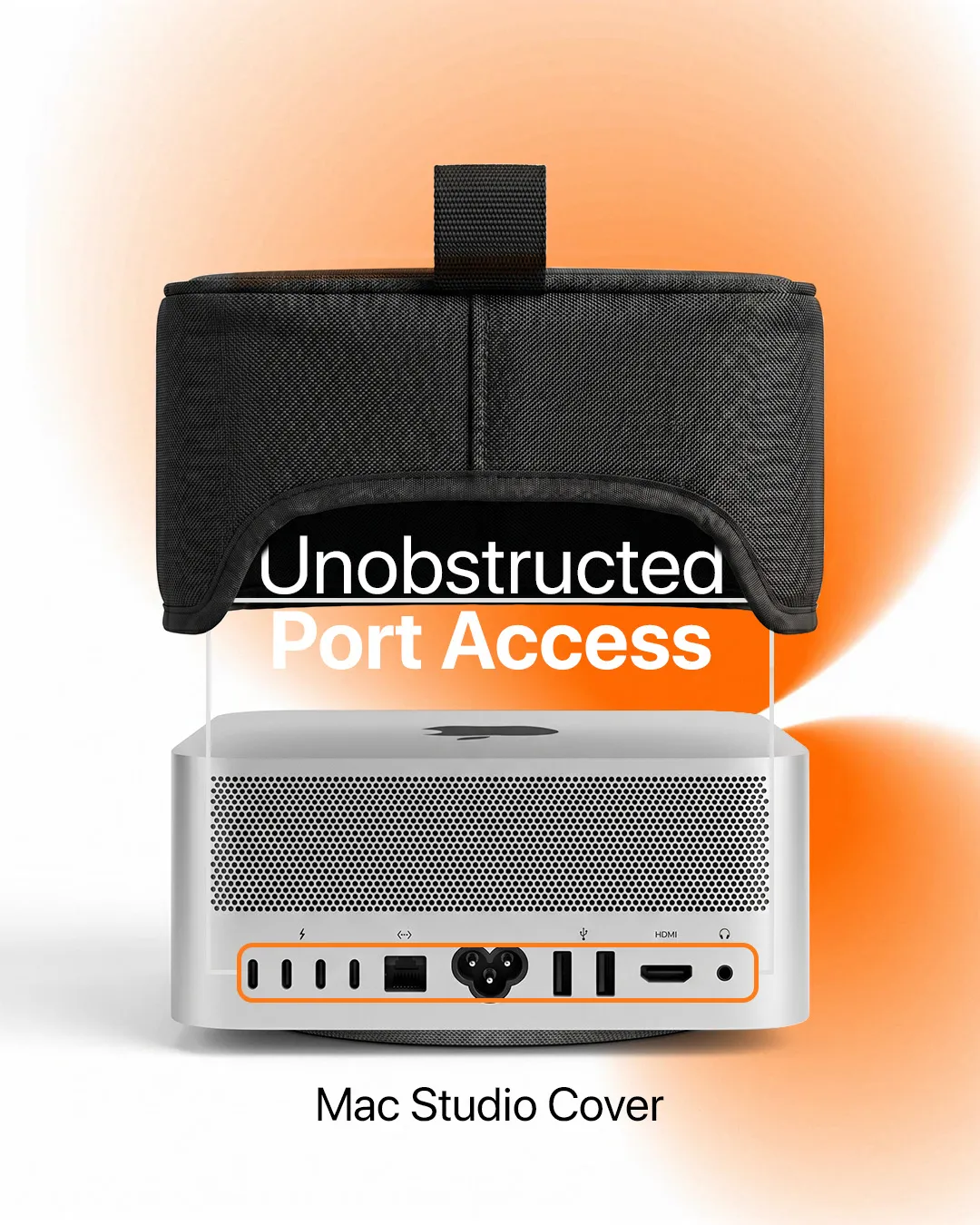 Graphic concept showcasing unobstructed port access for the Mountain Frogs Mac Studio protective sleeve lifting over the device chassis.