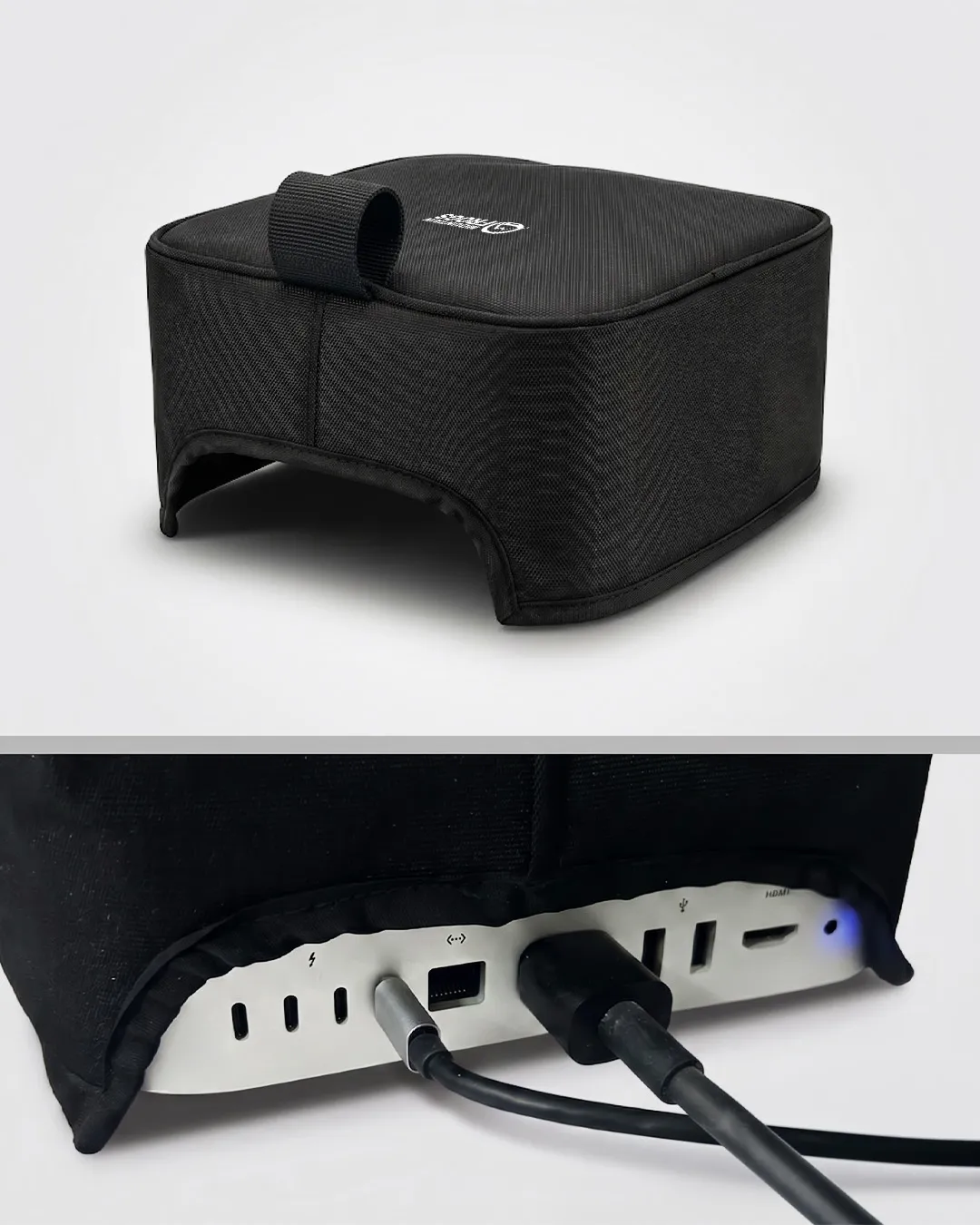 Split product view showing a three-quarter angle of the fabric device skin and a detailed close-up of Thunderbolt cords routed through the back panel cutout.
