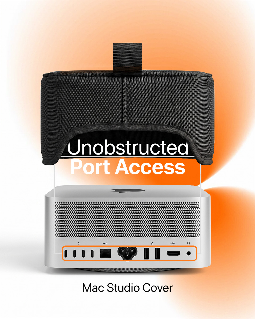 Graphic concept showcasing unobstructed port access for the Mountain Frogs Mac Studio protective sleeve lifting over the device chassis.